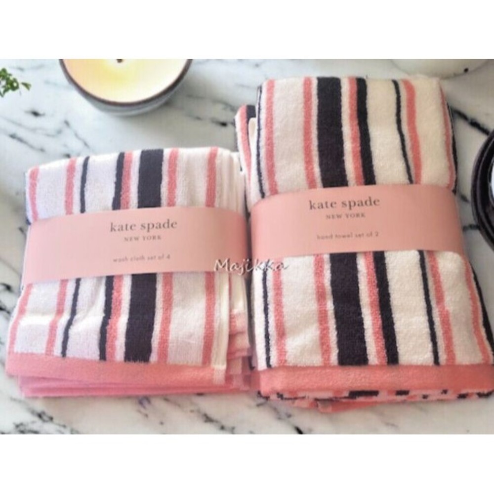 Kate Spade Set of 2 Hand Towels 4 Washcloths Facecloths Pink Navy White Stripe